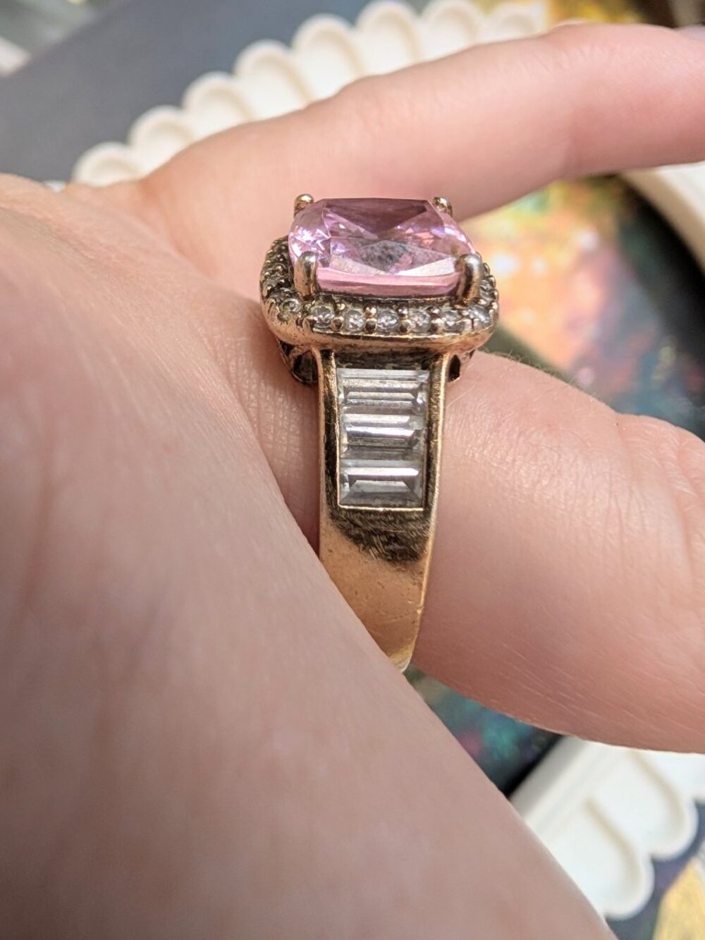 Vintage Sparkling Princess Cut Pink & Clear CZ Sterling Silver Ring, Size 8 - Picture 3 of 16